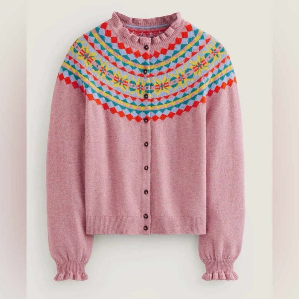 Boden Fair Isle Ruffle Neck cardigan